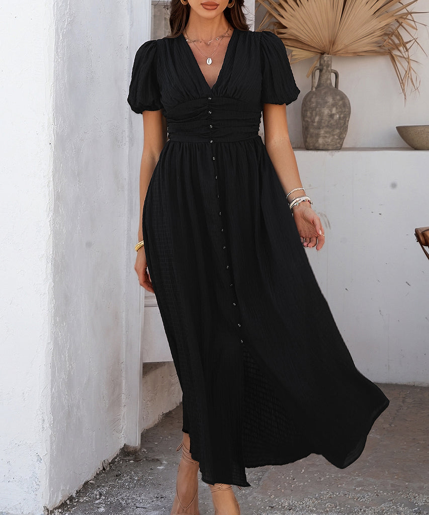 Chic V-neck High-Waisted Short-Sleeved Slit Dress for Elegance
