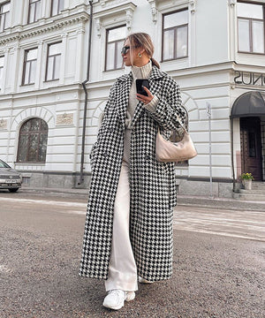 Elegant Thousand Bird Check Longline Trench Coat