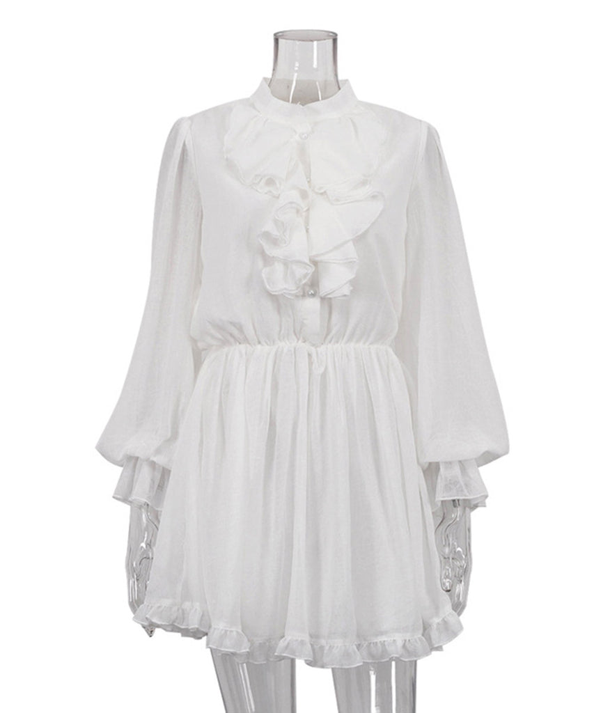 Chic Peplum Stand Collar Long Sleeve Elastic Waist A-Line Skirt