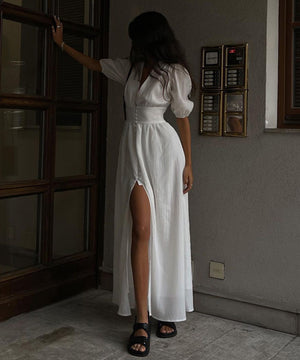 Chic Slim Slit Skirt With Puffy Sleeves for Effortless Style