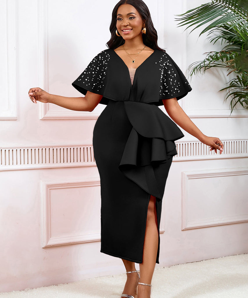 Sexy V-Neck Peplum Split Beaded Party Dress for Dazzling Nights