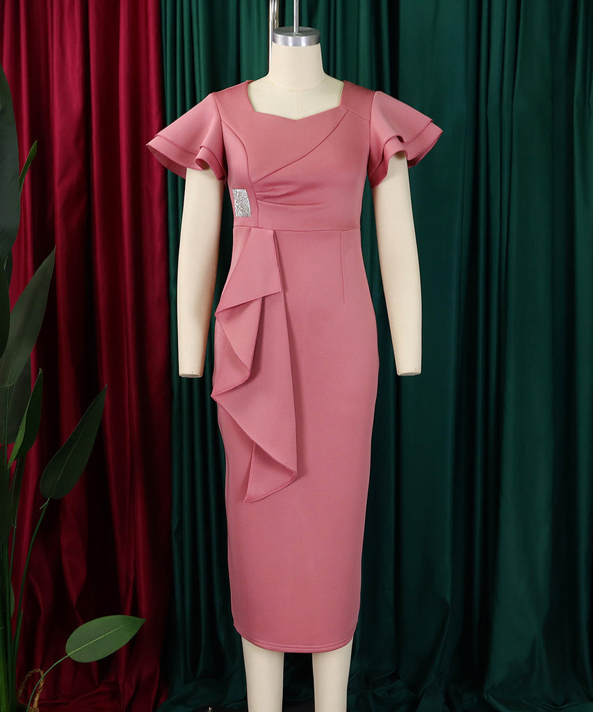 Elegant Ruffled Solid Color Dress With Hip Wrap For Events