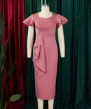 Elegant Ruffled Solid Color Dress With Hip Wrap For Events