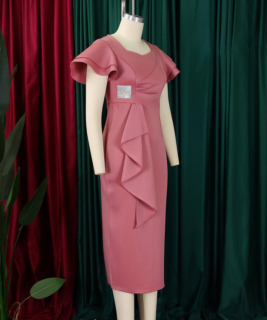 Elegant Ruffled Solid Color Dress With Hip Wrap For Events