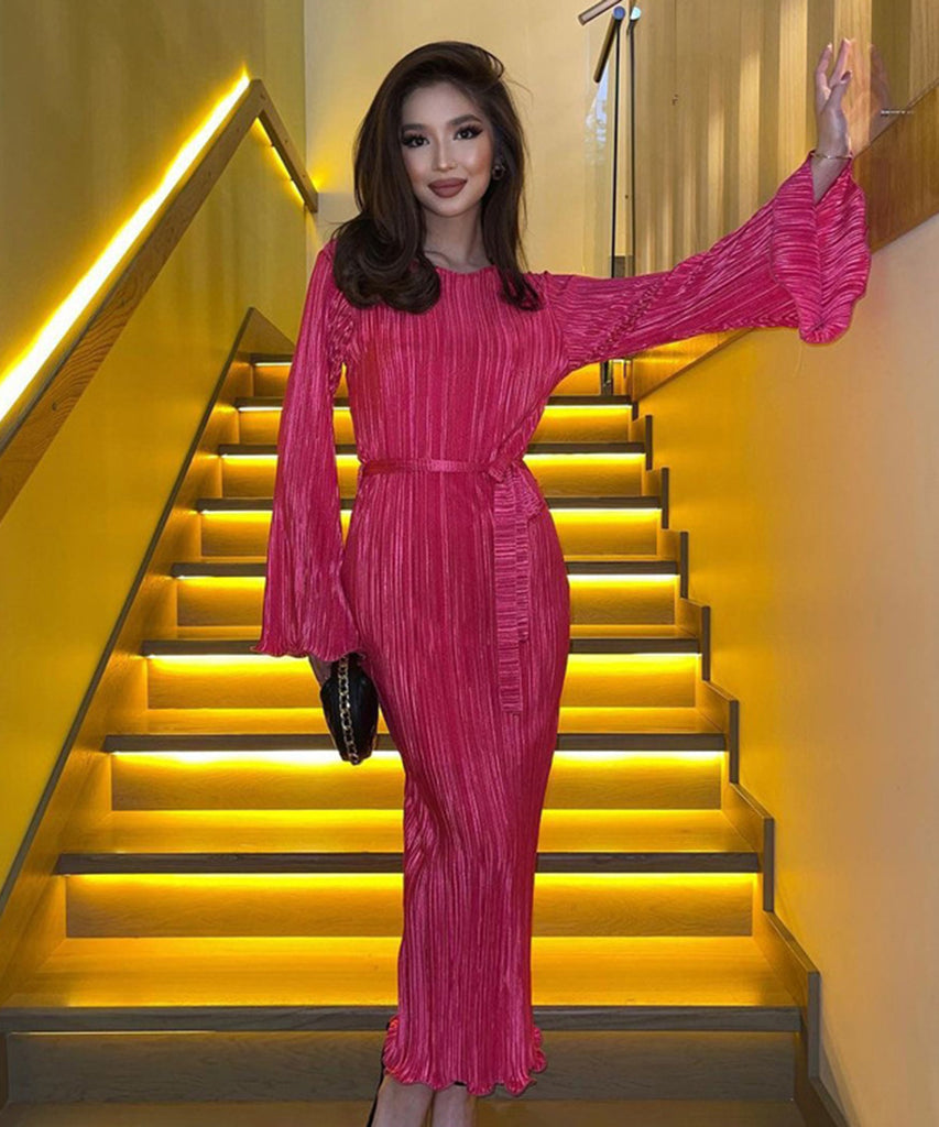 Elegant Lace-Up Pleated Flared Dress with Long Sleeves