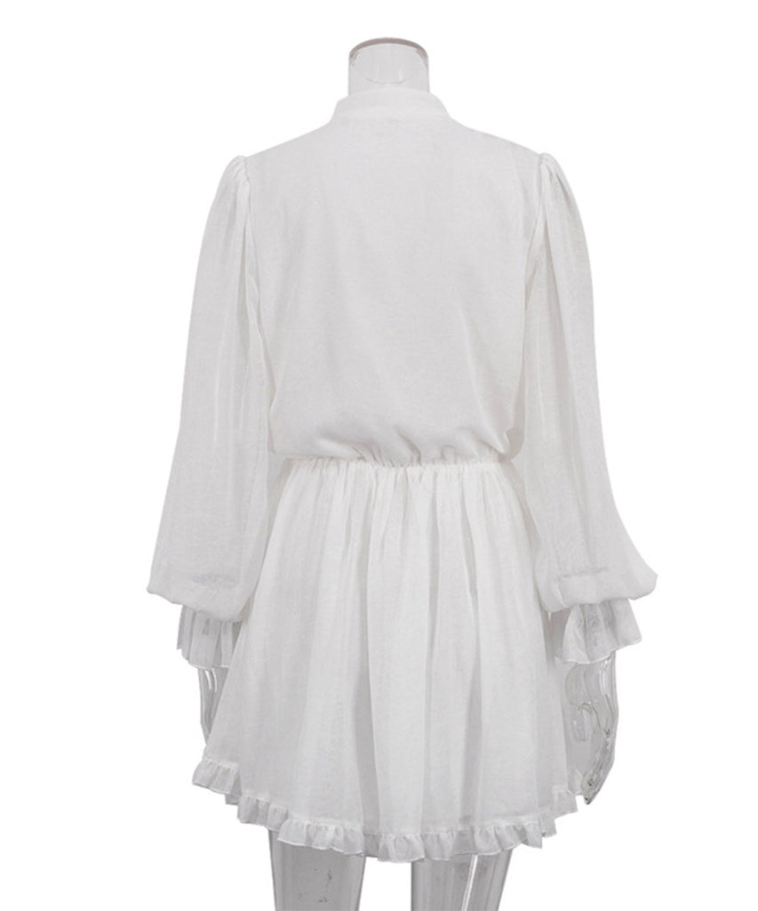 Chic Peplum Stand Collar Long Sleeve Elastic Waist A-Line Skirt