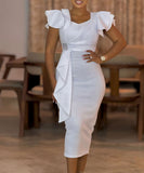 Elegant Ruffled Solid Color Dress With Hip Wrap For Events