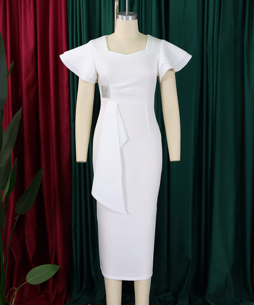 Elegant Ruffled Solid Color Dress With Hip Wrap For Events