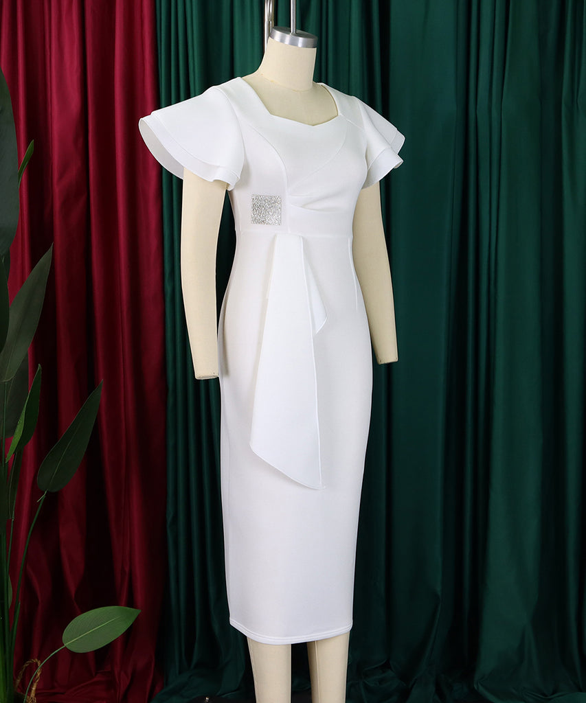 Elegant Ruffled Solid Color Dress With Hip Wrap For Events