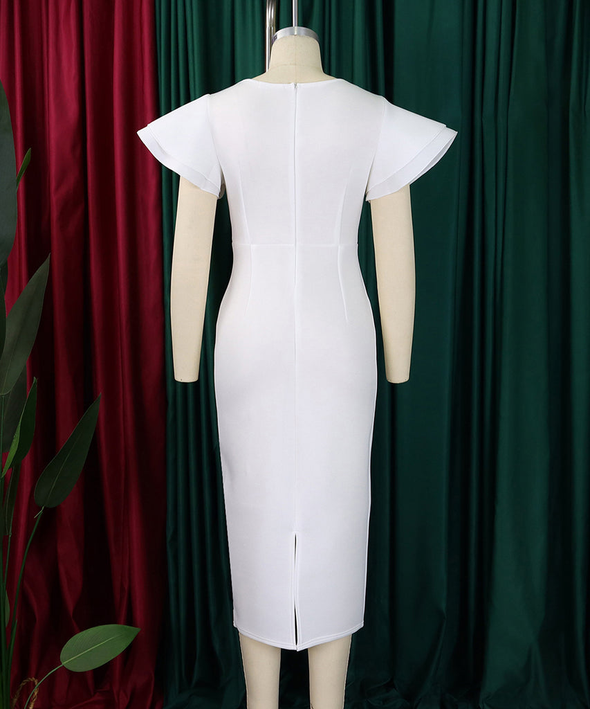 Elegant Ruffled Solid Color Dress With Hip Wrap For Events