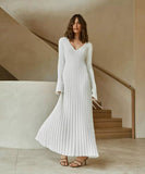 V-Neck Striped Knitted Skirt with Long Sleeves