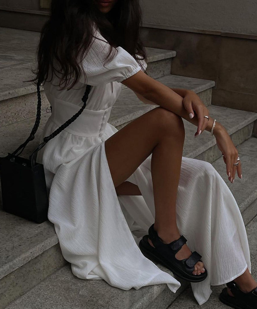 Chic Slim Slit Skirt With Puffy Sleeves for Effortless Style