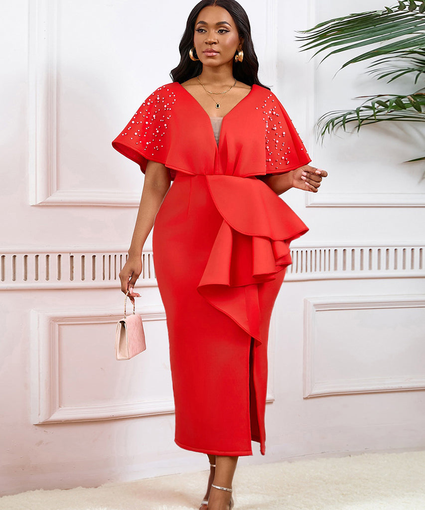 Sexy V-Neck Peplum Split Beaded Party Dress for Dazzling Nights