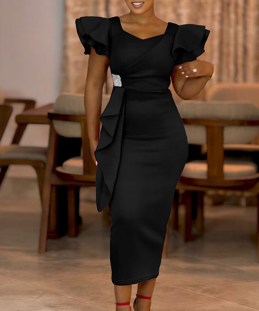 Elegant Ruffled Solid Color Dress With Hip Wrap For Events