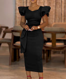 Elegant Ruffled Solid Color Dress With Hip Wrap For Events