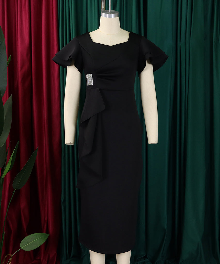Elegant Ruffled Solid Color Dress With Hip Wrap For Events