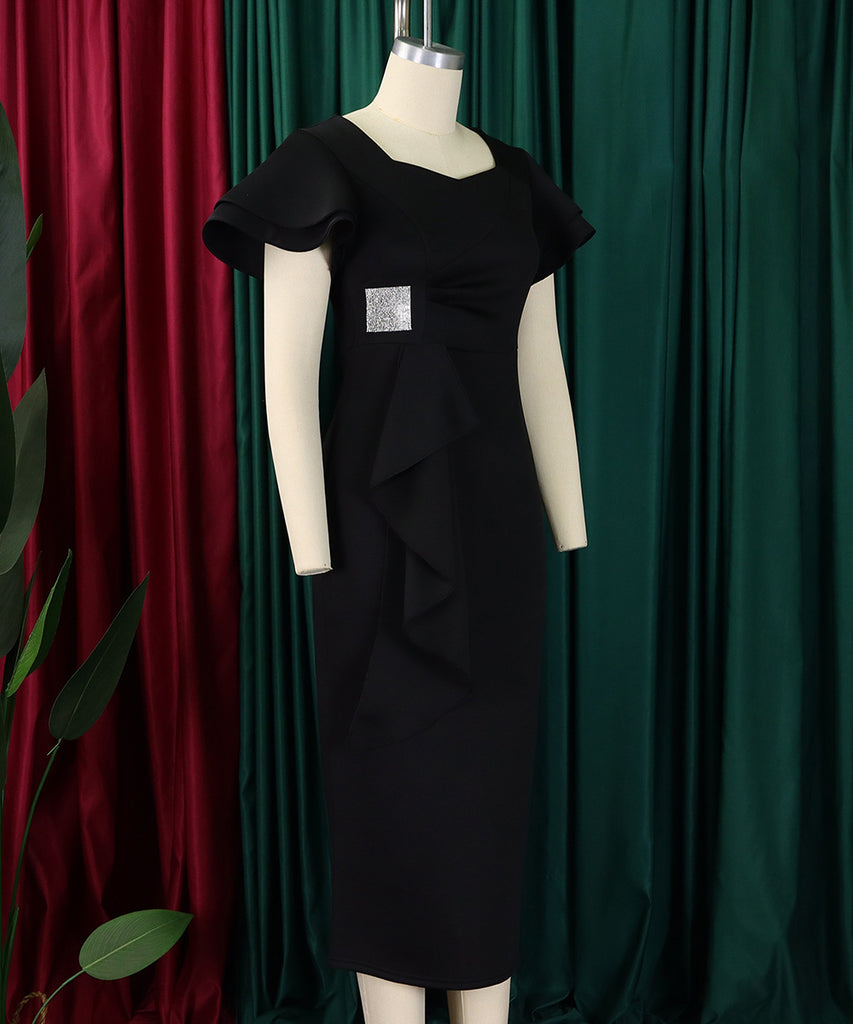 Elegant Ruffled Solid Color Dress With Hip Wrap For Events