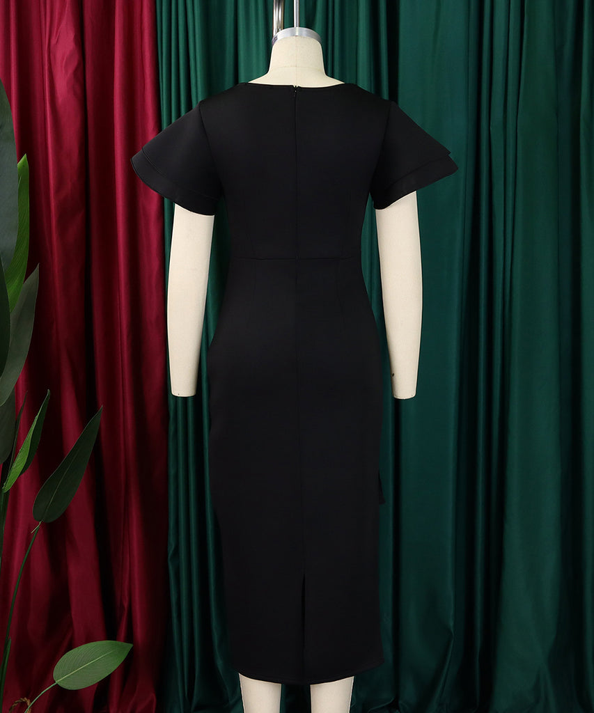 Elegant Ruffled Solid Color Dress With Hip Wrap For Events