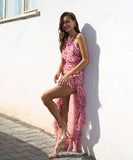 Seductive Pink Sexy Side Slit Lace-Up Dress for Stunning Style
