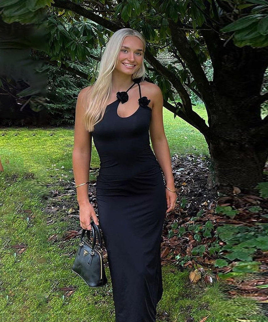Chic Halter Dress With Sloping Shoulders in Elegant Black