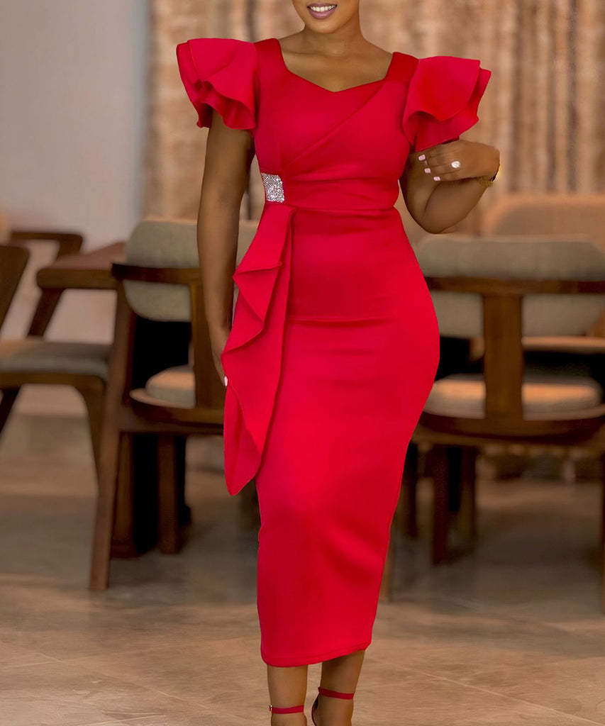 Elegant Ruffled Solid Color Dress With Hip Wrap For Events