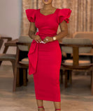 Elegant Ruffled Solid Color Dress With Hip Wrap For Events