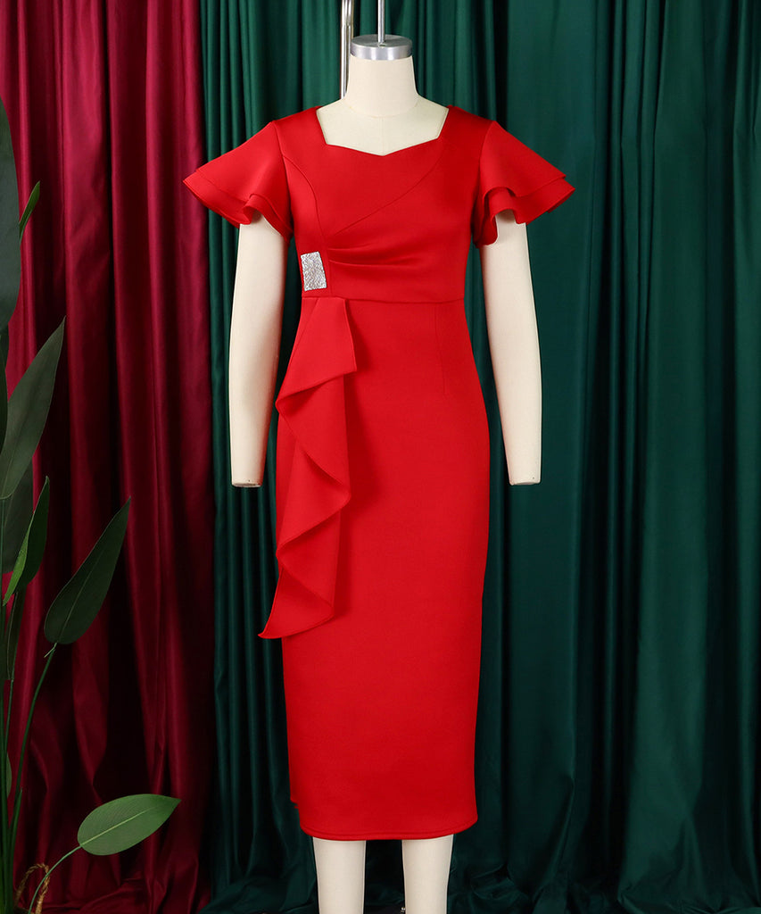 Elegant Ruffled Solid Color Dress With Hip Wrap For Events