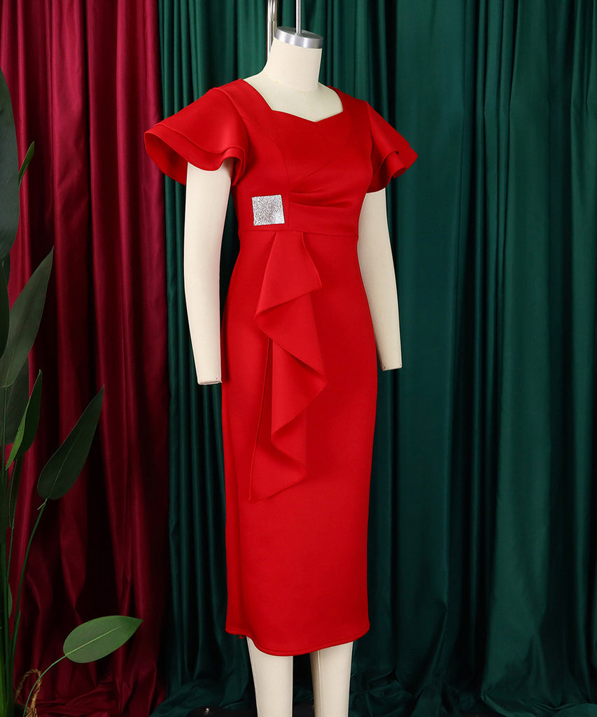 Elegant Ruffled Solid Color Dress With Hip Wrap For Events
