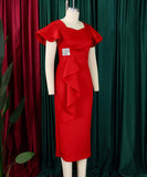 Elegant Ruffled Solid Color Dress With Hip Wrap For Events