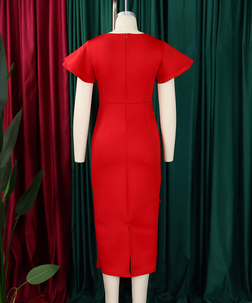 Elegant Ruffled Solid Color Dress With Hip Wrap For Events