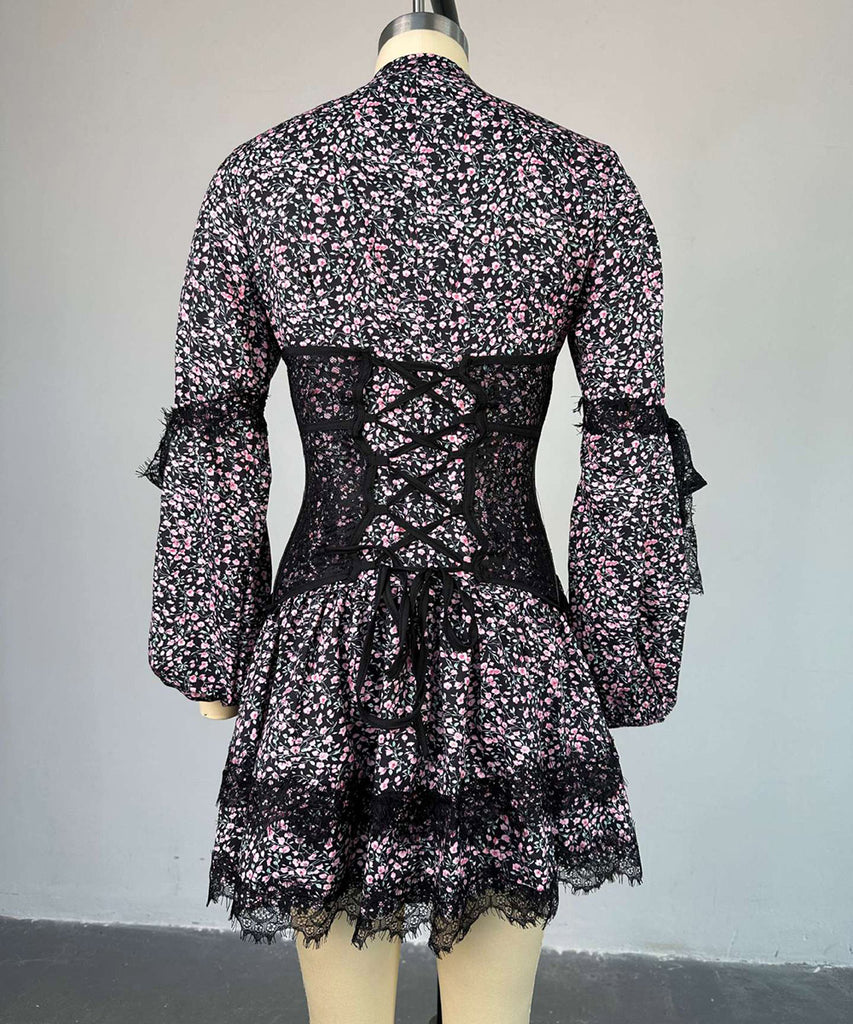 Chic Printed Waist Long Sleeve Short Lace Dress in Purple Pink