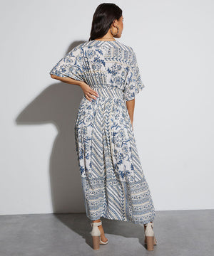 Stylish Long Short Sleeve Printed V-Neck Dress in Deep Blue