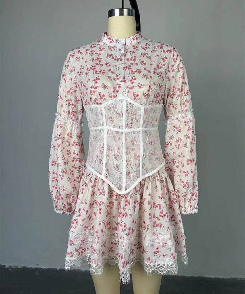 Chic Printed Waist Long Sleeve Short Lace Dress in Purple Pink