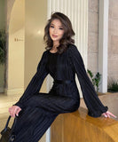 Elegant Lace-Up Pleated Flared Dress with Long Sleeves
