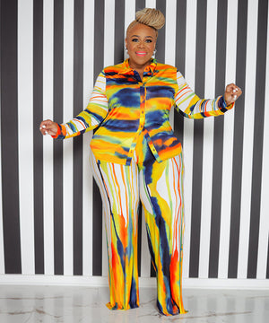 Chic Fashion Printed Long-Sleeved Shirt Top Casual Trouser Suit