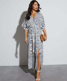 Stylish Long Short Sleeve Printed V-Neck Dress in Deep Blue