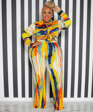 Chic Fashion Printed Long-Sleeved Shirt Top Casual Trouser Suit