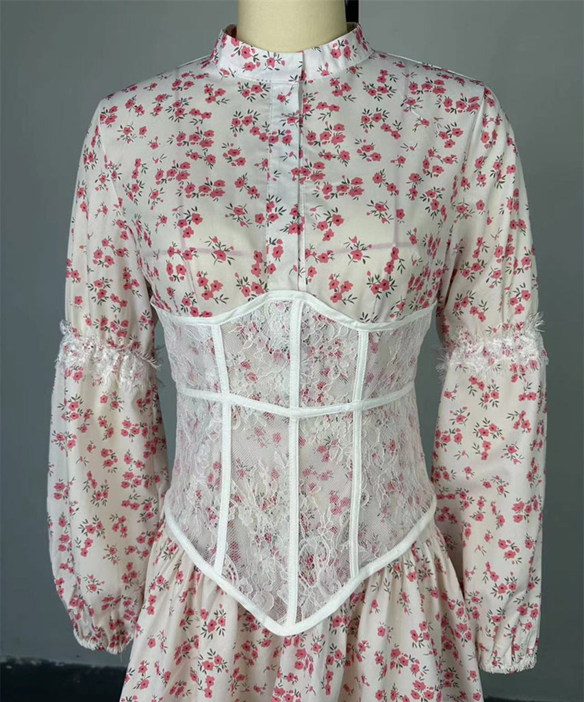 Chic Printed Waist Long Sleeve Short Lace Dress in Purple Pink