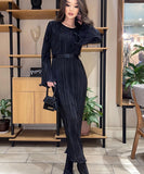 Elegant Lace-Up Pleated Flared Dress with Long Sleeves