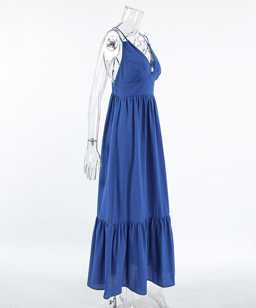 Stylish V-Neck Halter Dress with Open Back in Blue Hue