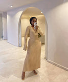 V-Neck Striped Knitted Skirt with Long Sleeves