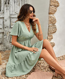 Solid Color V-Neck Dress With Lotus Sleeves for Effortless Style