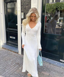 V-Neck Striped Knitted Skirt with Long Sleeves