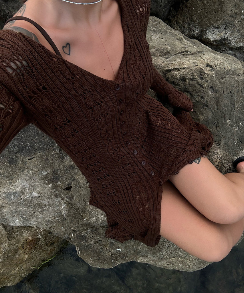 Elegant Acrylic Wool Cardigan with Flared Hollow Sleeves