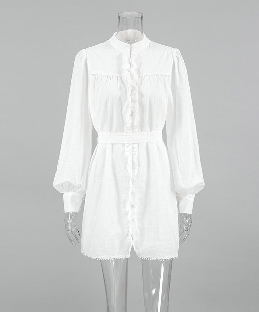 Chic Lace-up Ruffled Long-Sleeved Dress in Elegant White