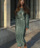Elegant Lace-Up Pleated Flared Dress with Long Sleeves