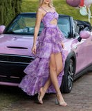 Vibrant Printed Dress With Flounder Cake Skirt in Grenadine