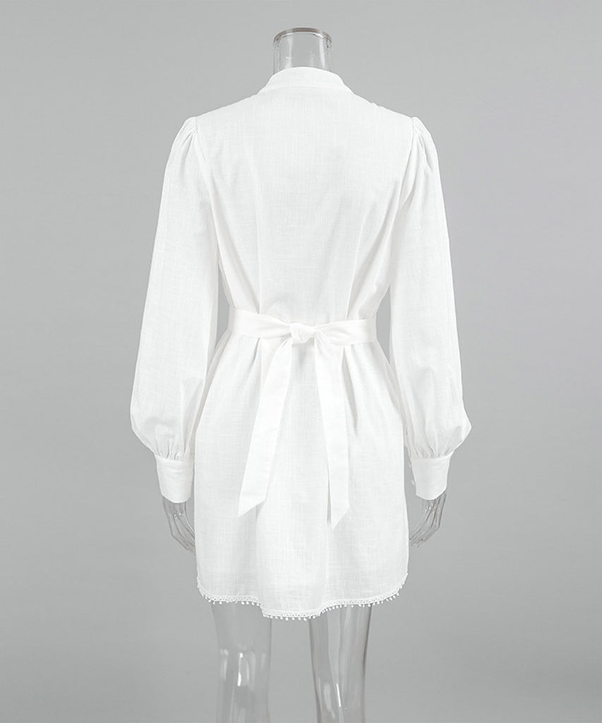 Chic Lace-up Ruffled Long-Sleeved Dress in Elegant White