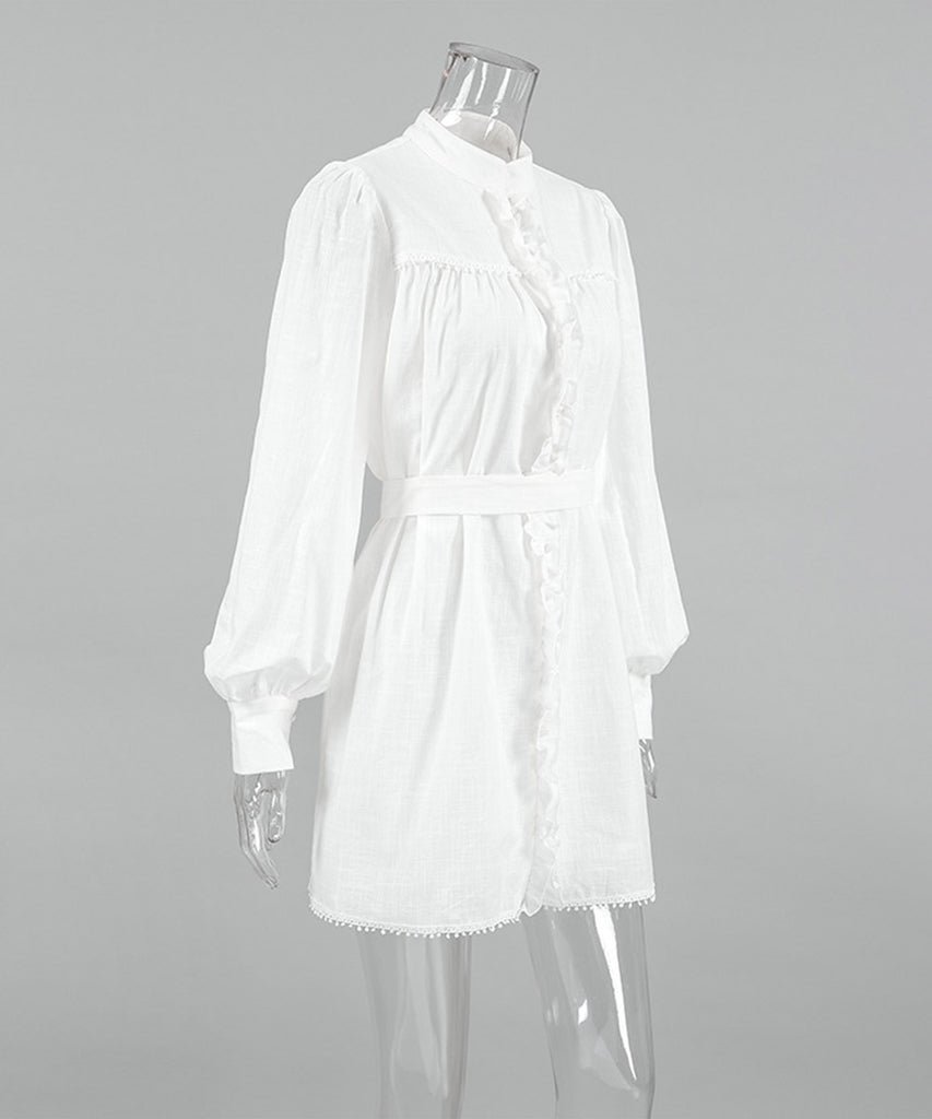 Chic Lace-up Ruffled Long-Sleeved Dress in Elegant White