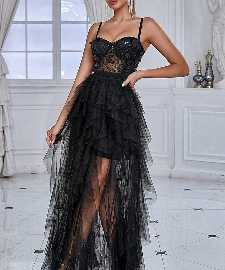 Chic Gauze Evening Dress With Butterfly Sequin Patchwork